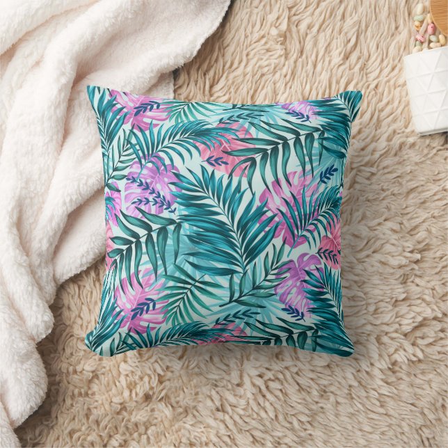 Pink & Teal Tropical Palm & Monstera Leaves Cushion (Blanket)