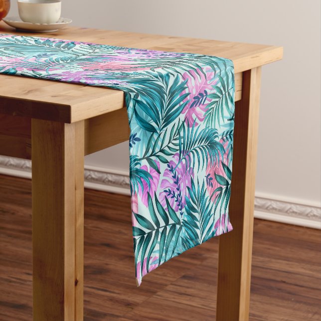 Pink & Teal Tropical Palm & Monstera Leaves Short Table Runner (In Situ)