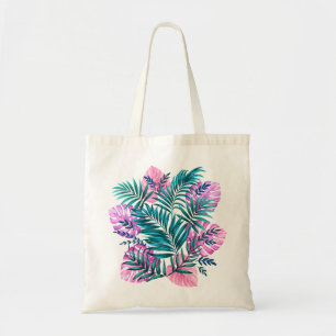 Pink & Teal Tropical Palm & Monstera Leaves Tote Bag