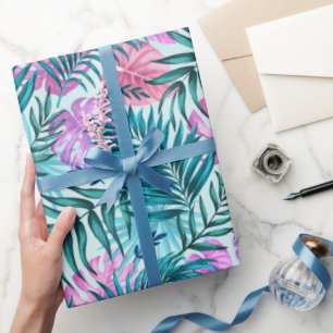 Pink & Teal Tropical Palm & Monstera Leaves Wrapping Paper