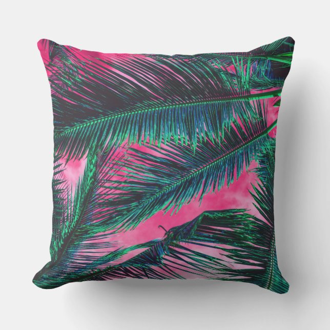 Pink Teal Tropical Summer Palm Tree Fronds Cushion (Front)