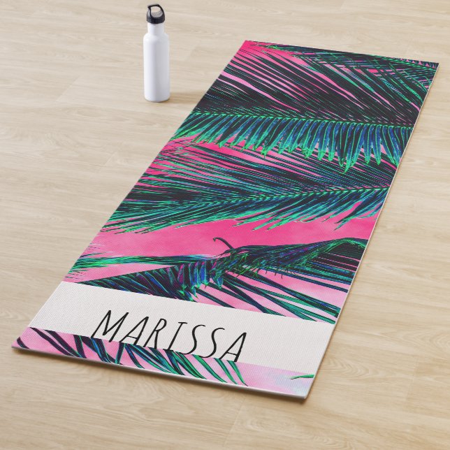 Pink Teal Tropical Summer Palm Tree Fronds Yoga Mat (In Situ)