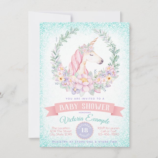 Pink Teal Unicorn Baby Shower Invitations (Front)