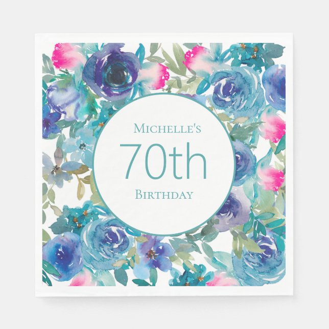 Pink Teal Watercolor Floral 70th Birthday Napkin (Front)