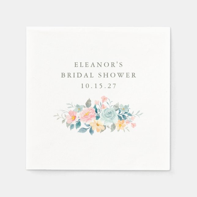 Pink Teal Watercolor Floral Bridal Shower Custom  Napkin (Front)