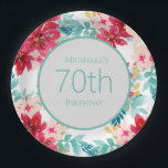 Pink Teal Watercolor Floral Leaves 70th Birthday Paper Plate<br><div class="desc">Pretty and feminine 70th birthday party paper plates designed with cute pink watercolor floral and aqua/teal leaves.  Text is fully customisable,  so these paper plates can be designed for any age.</div>