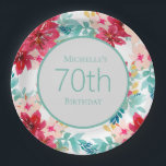 Pink Teal Watercolor Floral Leaves 70th Birthday Paper Plate<br><div class="desc">Pretty and feminine 70th birthday party paper plates designed with cute pink watercolor floral and aqua/teal leaves.  Text is fully customisable,  so these paper plates can be designed for any age.</div>