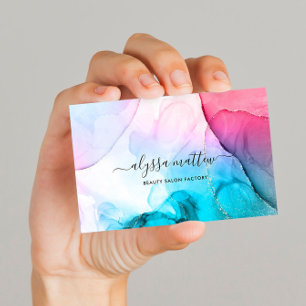 Pink Teal Watercolor Ink Glitter Modern Elegant Business Card