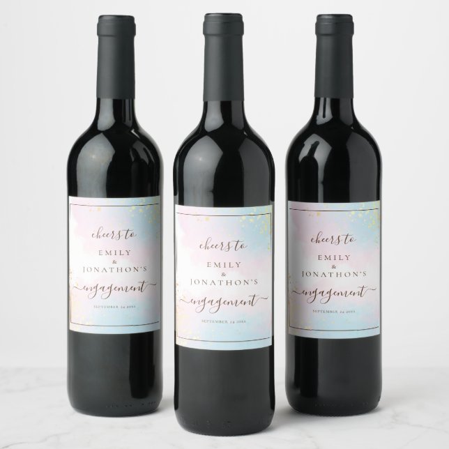 Pink Teal Watercolor Names Cheers Engagement  Wine Label (Bottles)