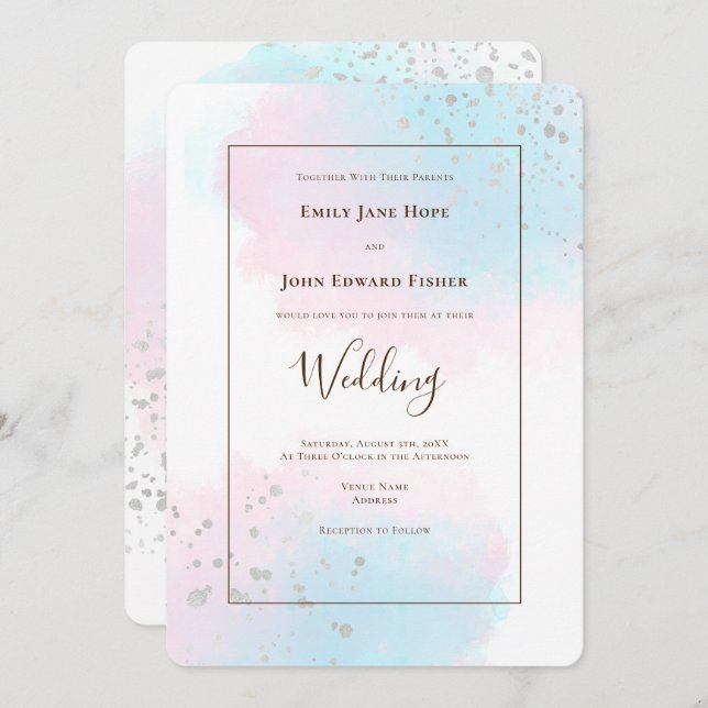 Pink Teal Watercolor Silver Confetti Wedding Invitation (Front/Back)