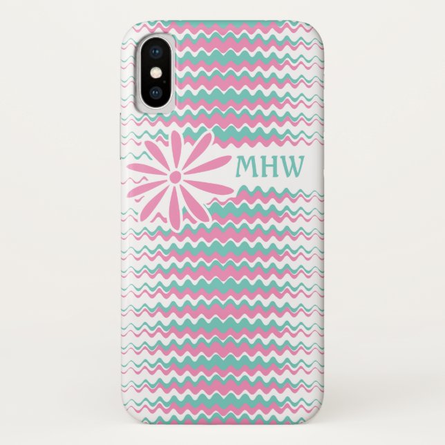Pink & Teal Wavy Stripes custom monogram cases (Back)