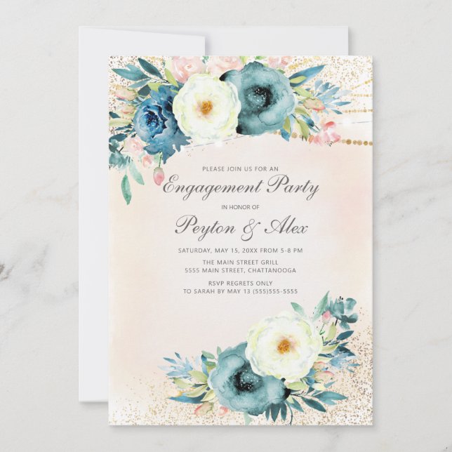 Pink Teal White Floral Glitter Engagement Invitation (Front)