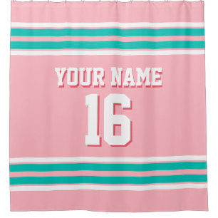 Pink Teal White Stripes Sports Jersey Shower Curtain