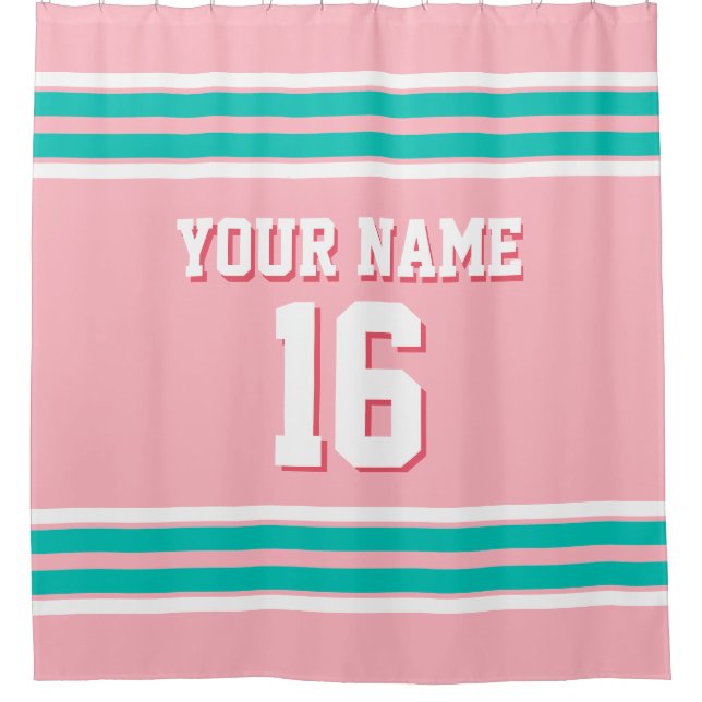 Pink Teal White Stripes Sports Jersey Shower Curtain (Front)