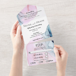 Pink & Teal White Watercolor Chic Modern Wedding   All In One Invitation