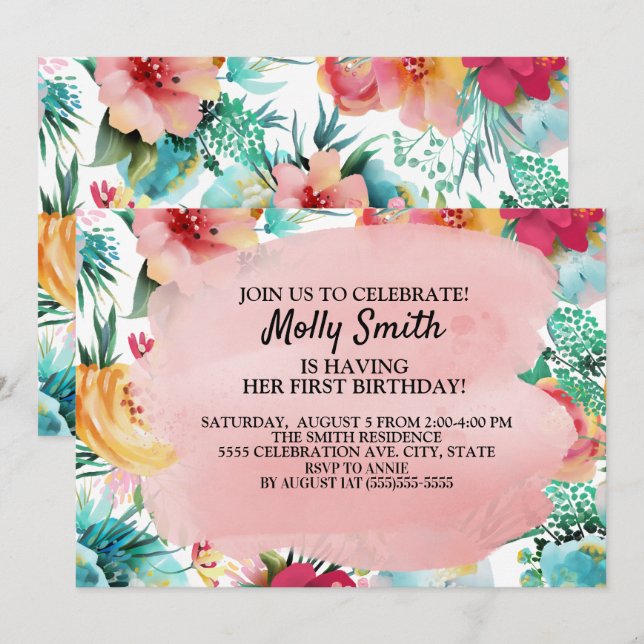 Pink Teal Yellow Flowers Girl First Birthday Invitation (Front/Back)