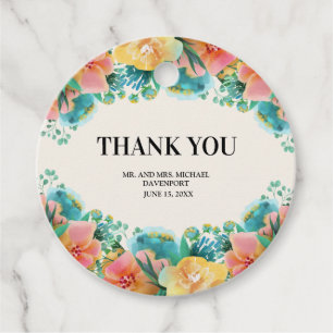 Pink Teal Yellow Watercolor Floral Wedding Favour Tags
