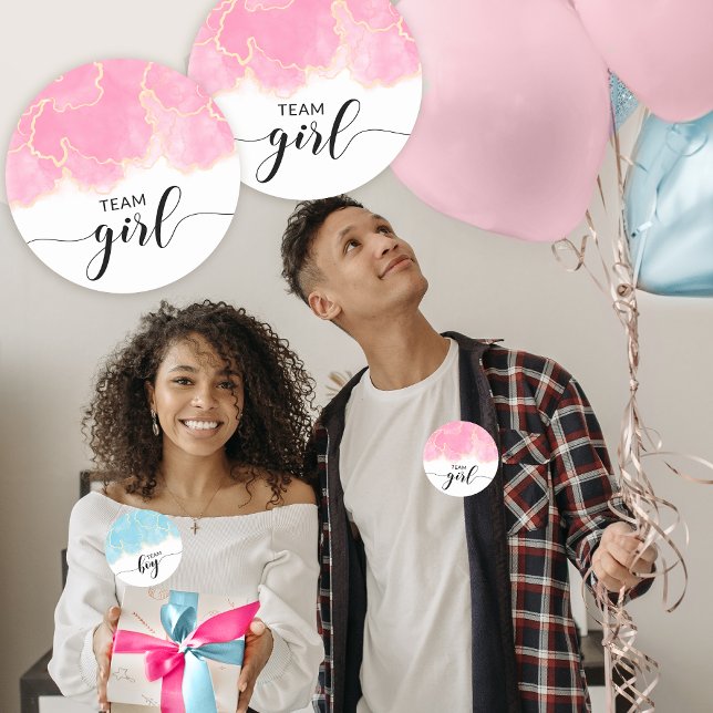 Pink team girl gender reveal party  round stickers (Creator Uploaded)