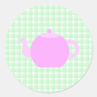 Pink Teapot Design on Green Check. Classic Round Sticker