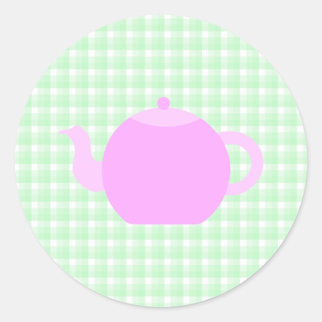 Pink Teapot Design on Green Check. Classic Round Sticker (Front)