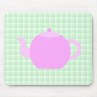 Pink Teapot Design on Green Check. Mouse Pad