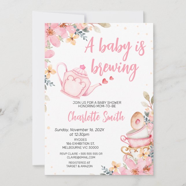 Pink Teapot Floral Baby is Brewing Baby Shower Invitation (Front)