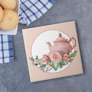 Pink Teapot Floral Pattern Frame Tile