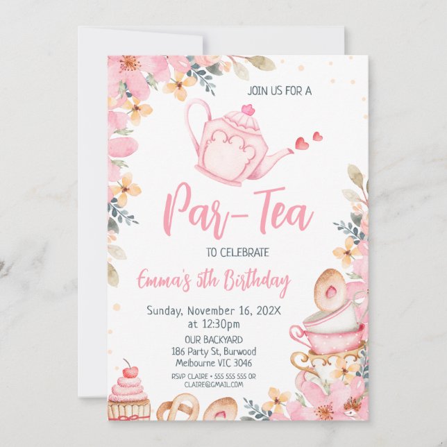 Pink Teapot Floral Tea Party Birthday  Invitation (Front)