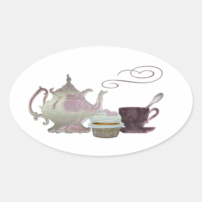 Pink Teapot, Teacup and Cupcake Art Oval Sticker (Front)