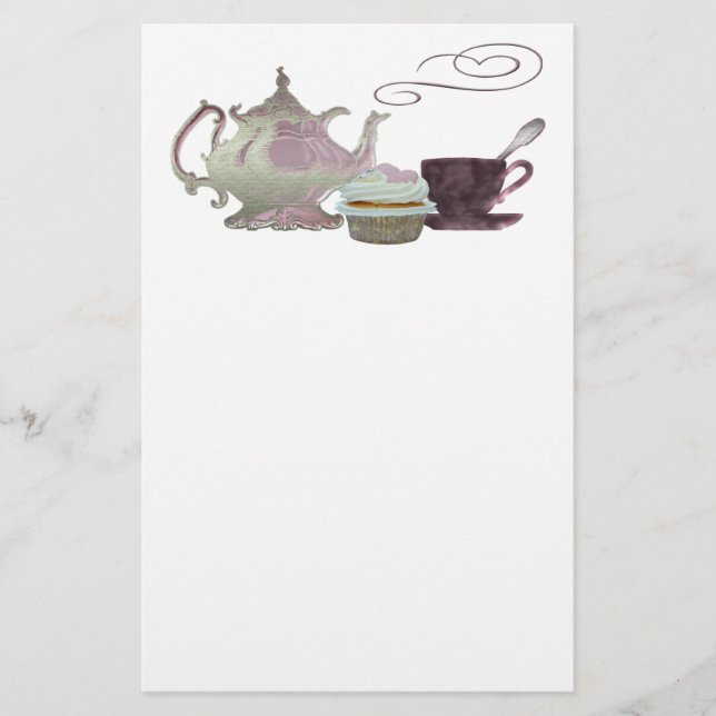 Pink Teapot, Teacup and Cupcake Art Stationery (Front)