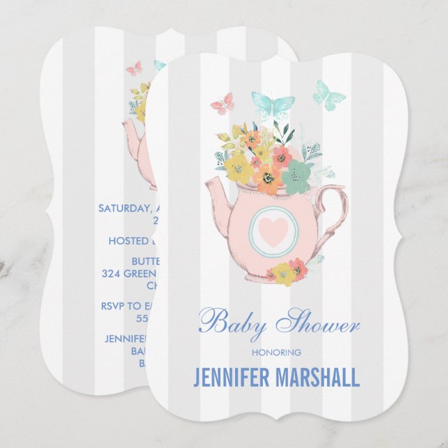 Pink Teapot with Flowers & Butterflies Baby Shower Invitation (Front/Back)