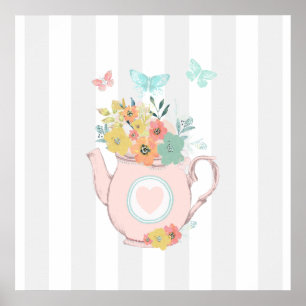 Pink Teapot with Flowers & Butterflies Grey Stripe Poster