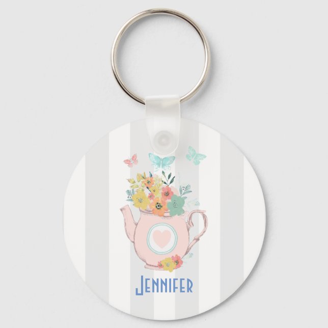Pink Teapot with Flowers & Butterflies Key Ring (Front)