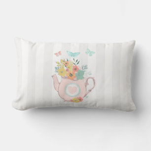 Pink Teapot with Flowers & Butterflies Lumbar Cushion