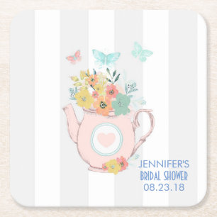 Pink Teapot with Flowers & Butterflies Party Square Paper Coaster