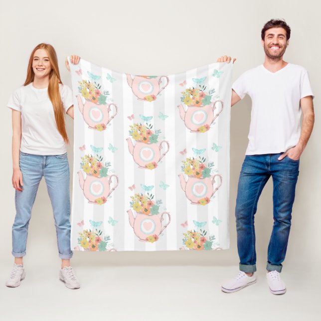 Pink Teapot with Flowers & Butterflies Pattern Fleece Blanket (In Situ)