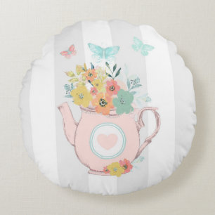 Pink Teapot with Flowers & Butterflies Round Cushion