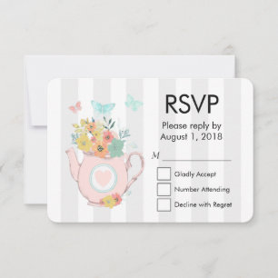 Pink Teapot with Flowers & Butterflies RSVP Card