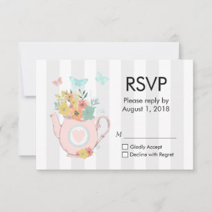 Pink Teapot with Flowers & Butterflies RSVP Card