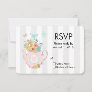 Pink Teapot with Flowers & Butterflies RSVP Card