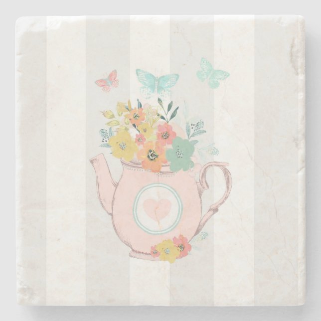 Pink Teapot with Flowers & Butterflies Stone Coaster (Front)