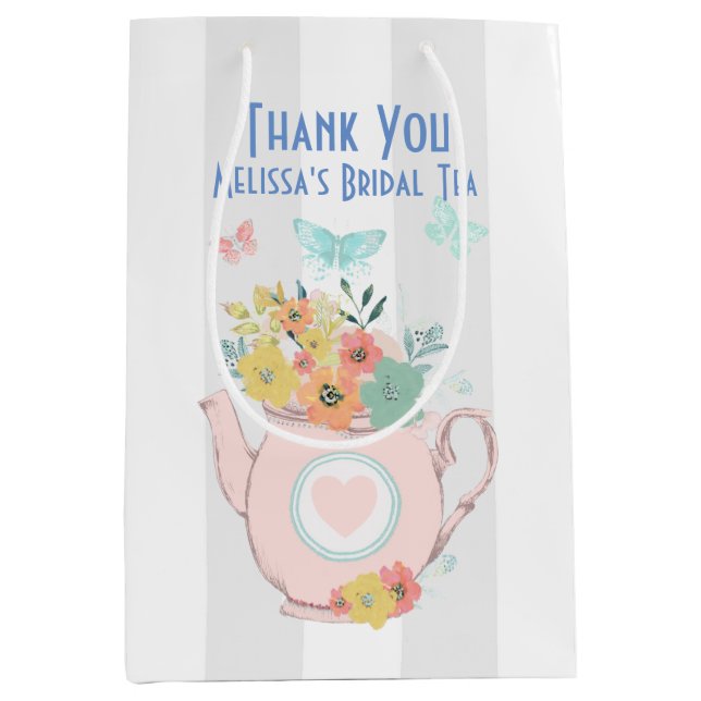 Pink Teapot with Flowers & Butterflies Thank You Medium Gift Bag (Front)