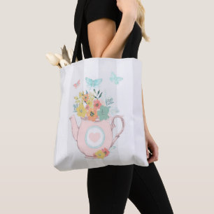 Pink Teapot with Flowers & Butterflies Tote Bag