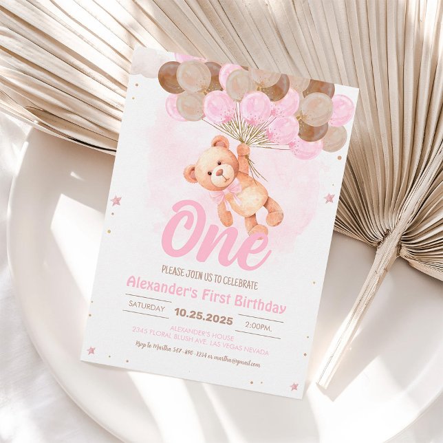 Pink Teddy Bear 1st Birthday Bear with Balloons Invitation (Creator Uploaded)