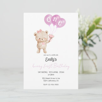Pink Teddy Bear 1st Birthday Party for Girl Invitation