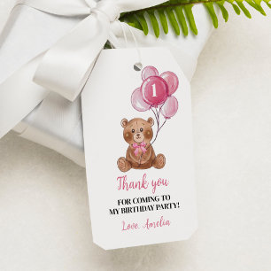 Pink Teddy Bear 1st Birthday Thank You Tag