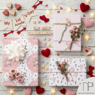Pink Teddy Bear 1st Valentine Wrapping Paper Sheet
