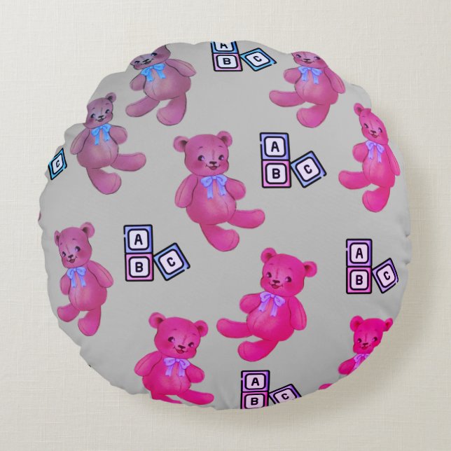 Pink Teddy Bear & ABC Throw Pillow (Front)