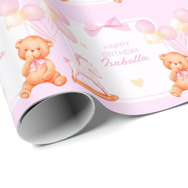 Pink Teddy Bear And Rocking Horse Wrapping Paper (Roll Corner)