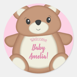 Pink Teddy Bear Baby Birth Announcement Classic Round Sticker